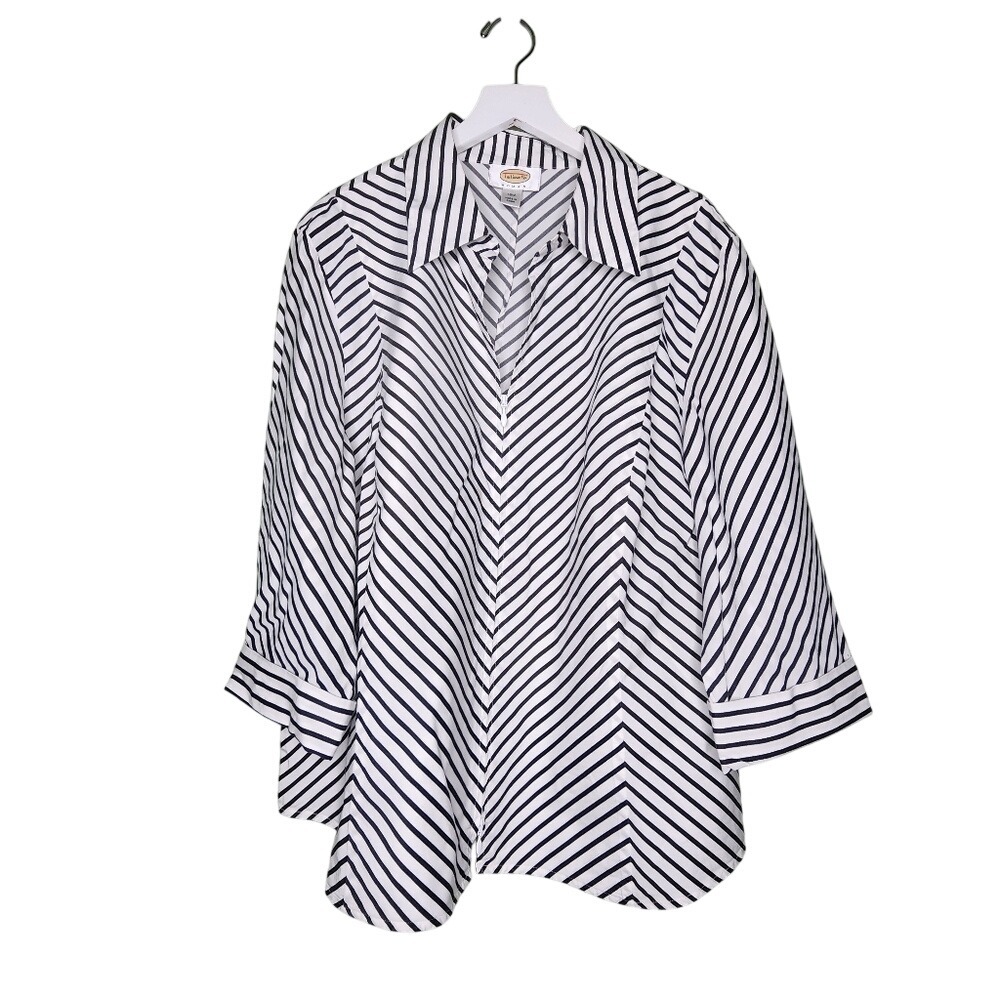Talbots Zip Up Shirt Black White Stripe‎ Collar Business Preppy 3/4 Sleeve 16W